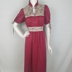 1970's cranberry floral bib dress with ties